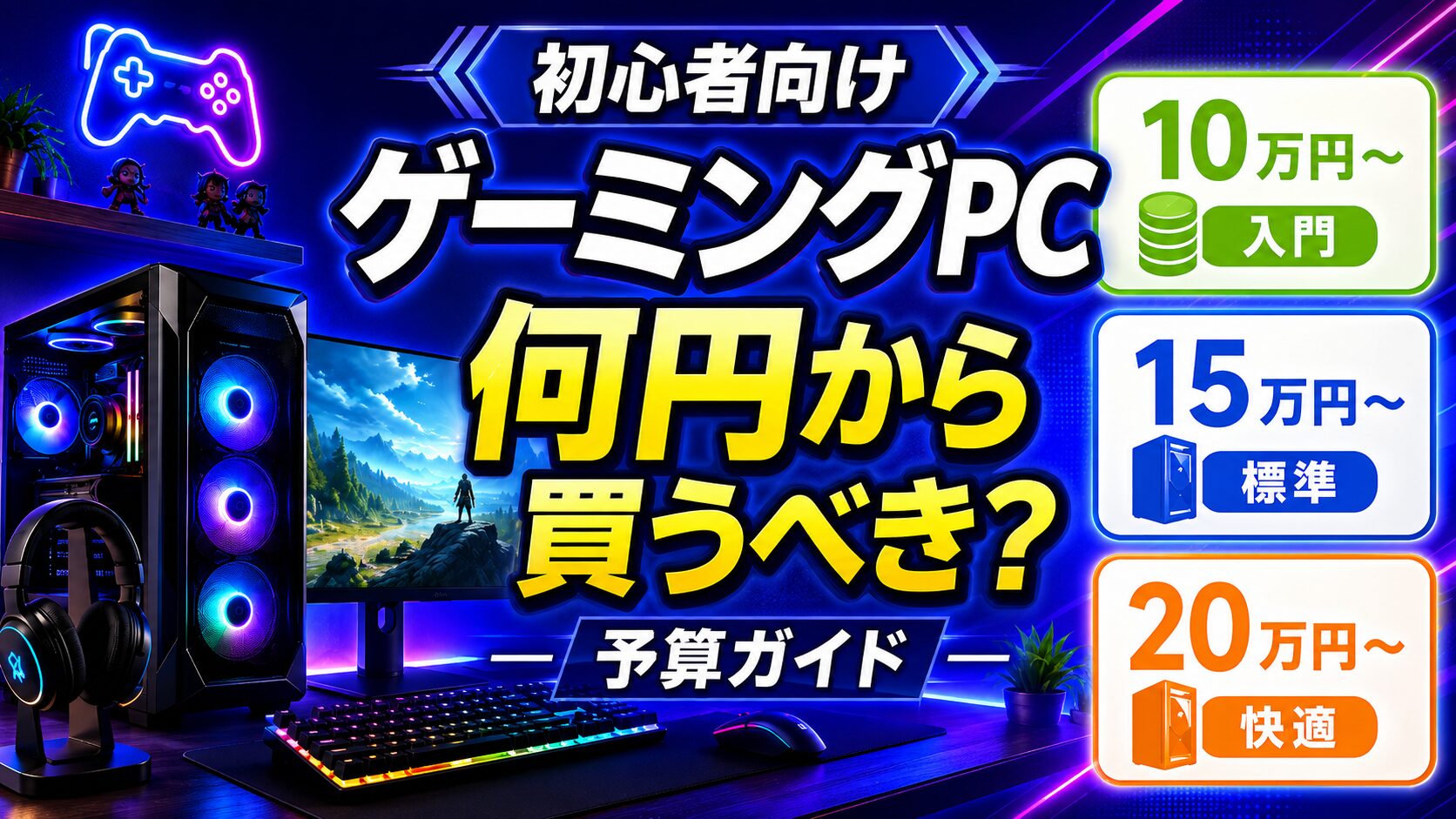 ゲーミングPCは何円から買うべきか、10万円・15万円・20万円の予算目安を比較したアイキャッチ画像