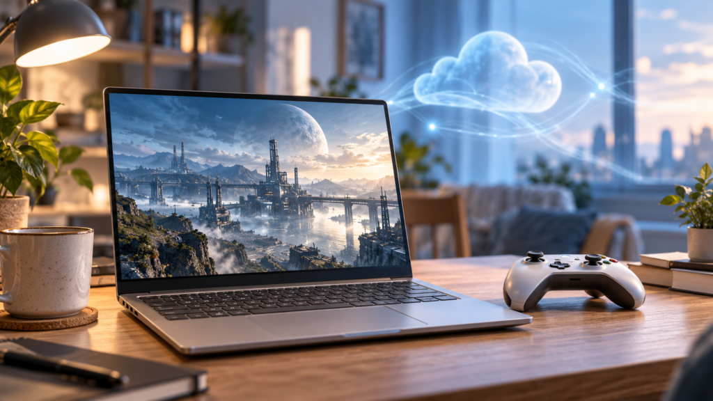 ノートPCとコントローラー、光る雲で表現したクラウドゲームのイメージ